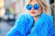 © Natalia - Stylish woman in a fluffy blue faux fur coat enjoying coffee at a vibrant outdoor cafe, showcasing high-fashion street style in a moody atmosphere