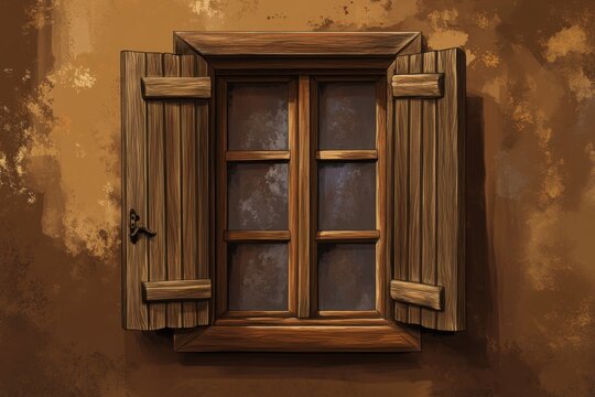 Wooden window with open shutters on a rustic wall