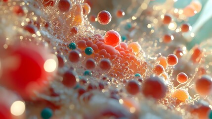 Poster - Mesmerizing close up view of a dynamic and iridescent bubble explosion bursting in a vibrant colorful liquid  The abstract pattern and visually striking details create a captivating futuristic