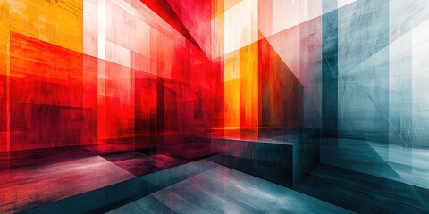 Poster - An abstract visual with layered geometric patterns that instill a sense of rhythm and flow, using a rich color palette and diverse shapes to produce a visually complex an