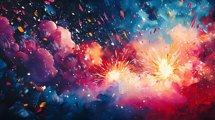 Poster - Mesmerizing Fireworks Explosion in Colorful Night Sky with Vibrant Sparks Glitters and Dramatic Lights During a Festive or Holiday Event