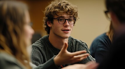 Aufkleber - a student explaining a concept to peers, focus on hand gestures and attentive faces, soft lighting enhances the focus in study groups
