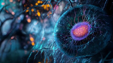 Poster - Mesmerizing microscopic image of a cellular structure or organism in a surreal high tech digital backdrop with glowing vibrant colors and abstract futuristic patterns