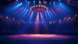 © Qaqas - Circus arena, round stage for performance, carnival show. Vector cartoon empty interior inside of cirque tent with scene, seats, flags and searchlights