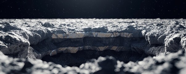 Wall Mural - Asteroid mining concept. Close-up of a textured surface with a dark, layered appearance.