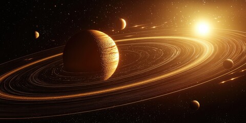 Poster - a planet surrounded by advanced technological rings, emitting energy pulses and linked to satellites, within a futuristic solar system.