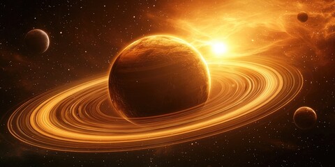 Poster - a planet surrounded by advanced technological rings, emitting energy pulses and linked to satellites, within a futuristic solar system.