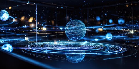 Poster - A futuristic planetarium presenting a detailed holographic model of an alien planetary system, featuring orbits and energy lines.