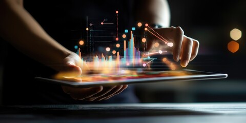 Fototapete - Financial advisor reviewing wealth management strategies on a tablet, with clear visuals of performance and asset allocation.