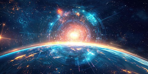 Poster - A futuristic space control system with interactive holograms, energy management tools, and precise celestial navigation.
