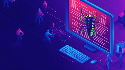 Code testing banner. Concept of search errors and bugs in software, quality control of website or app. Vector landing page of programming test with isometric computer screen and working people