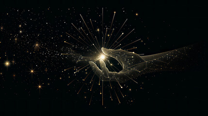 Wall Mural - cosmic creation: two ethereal hands reach towards each other, creating a burst of golden light and s