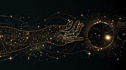 Wall Mural - cosmic hand: a stylized, golden hand emerges from a constellation of light, gently cradling a glowin