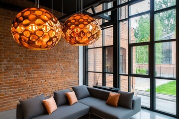 Wall Mural - Sophisticated modern loft living space featuring copper chandeliers and industrial decor with large windows