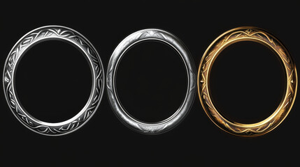 Set of round ui game frames, textured circles made of silver, gold, metal with snow, wood or stone materials Cartoon circular empty borders, isolated graphic design gui elements, Vector illustration