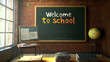 © Nari - Empty classroom with inscription Welcome to school on chalkboard. Vector cartoon illustration of class interior with globe, books on desk and blanck poster and lcd monitor on wall