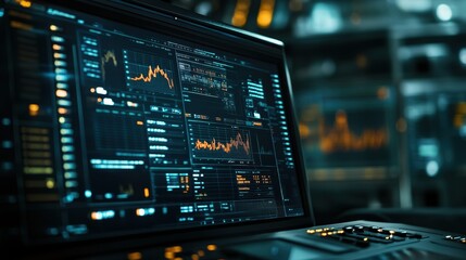 Laptop displays stock market data, graphs, charts, and numbers. Illustrates financial analysis, trading, investment.