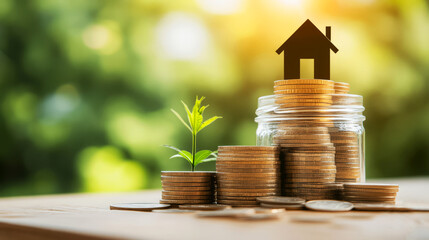 Growth of Savings with Coins and a House Figurine Surrounded by Nature in Soft Light