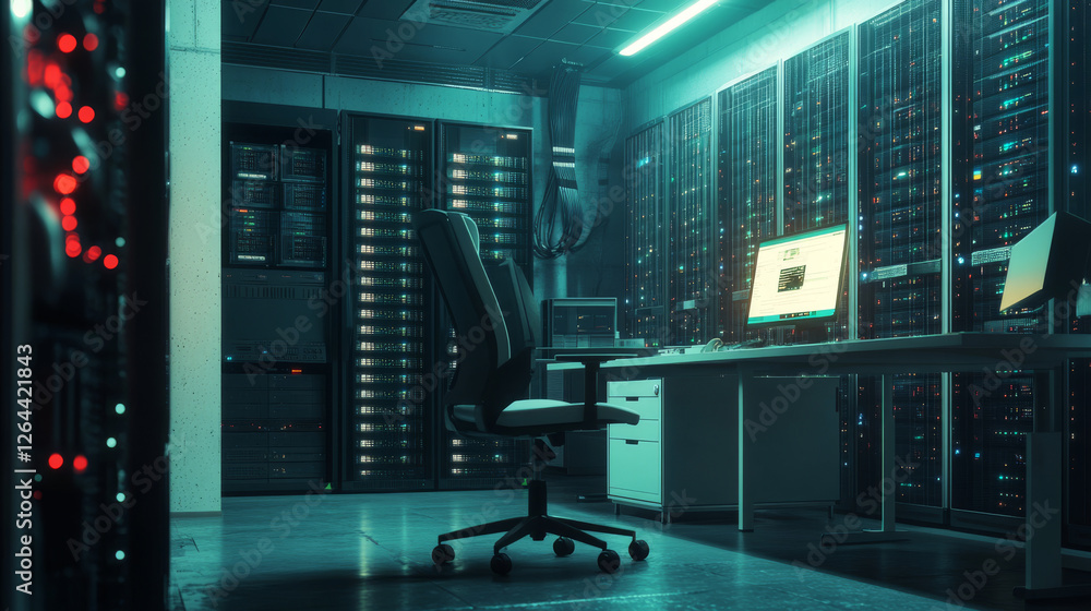 Data center room with server hardware, chair and desk with computer ...