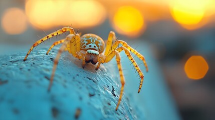 detailed macro shot of a striking orange orb-weaver spider on blue surface