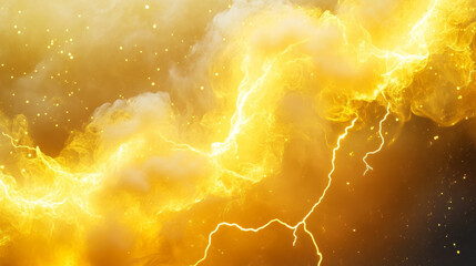 Yellow smoke with lightning strikes on transparent background. Vector realistic illustration of abstract cloud of toxic fire fume, neon electric energy discharges glowing in air, banner frame design