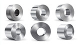 Steel sheet roll, stainless construction tape coil isolated on white background. Metallurgy industry production. Vector realistic set of metal, aluminium or tin sheet roll in front, top and angle view