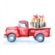 © Chanita - Watercolor holiday scene vintage red truck with presents winter wonderland illustration cheerful atmosphere, isolated on white background