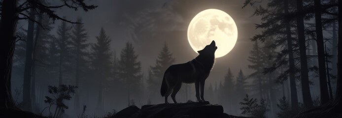 Wall Mural - Wolf howling at full moon in forest landscape, lunar, wilderness, wolf