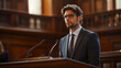 © AiDesign - A male lawyer public defender in suit presenting case in court , justice and law concept