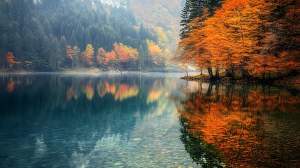 Wall Mural - A peaceful lake surrounded by trees with red and yellow leaves