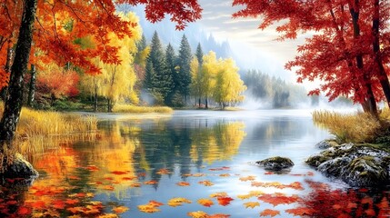 Wall Mural - A peaceful lake surrounded by trees with red and yellow leaves