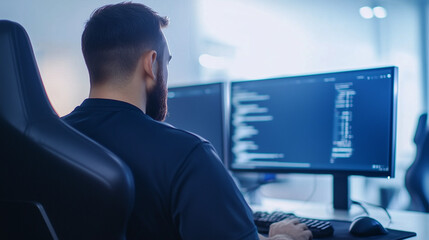Focused Programmer: A programmer intently focused on his dual monitors displaying lines of code, immersed in the process of software development.