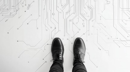 Wall Mural - Top view of businessman feet standing on abstract circuit arrow sketch on white ground background with mock up place. Success and digital transformation concept