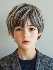 Wall Mural - A photograph of a young Japanese boy with short, light brown and gray hair. His bangs are cut, and the image captures his upper body.