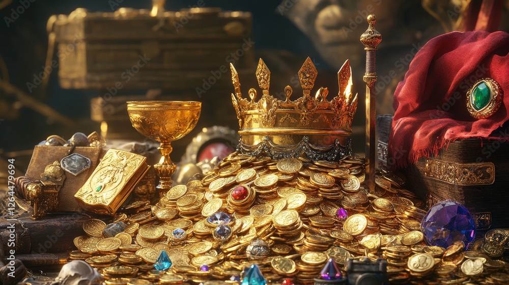 Treasure, golden coins, crystal gems, crown, sword in pile of gold ...