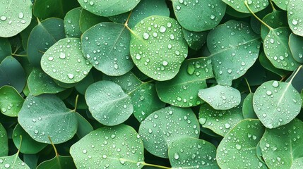 Wall Mural - Green eucalyptus leaves with raindrop dew flat lay top view seamless texture map pattern background