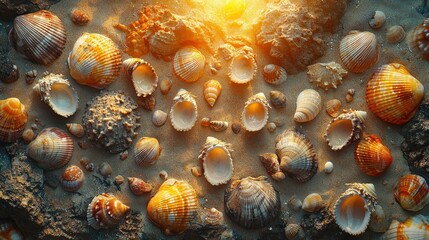 Wall Mural - Collection of sea shells on sand beach top view texture map pattern background