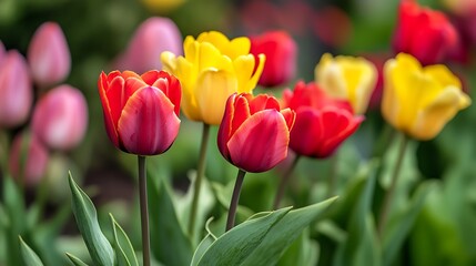 Canvas Print - Close-up of colorful tulips in a garden.