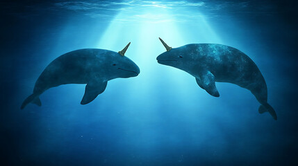 Wall Mural - enchanting aquatic encounter two magical narwhals amidst ocean depths underwater fantasy