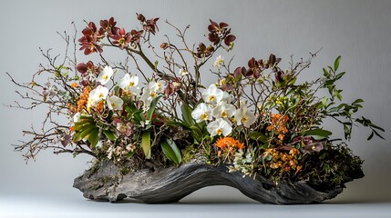 Wall Mural - Orchid arrangement on driftwood; artistic floral display; studio setting; for interior design inspiration