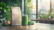 © Johannes - Healthy meal slimming diet plan daily ready menu background, organic fresh dishes and smoothie, fork knife on paper eco bag as food delivery courier service at home in office concept, close up view.