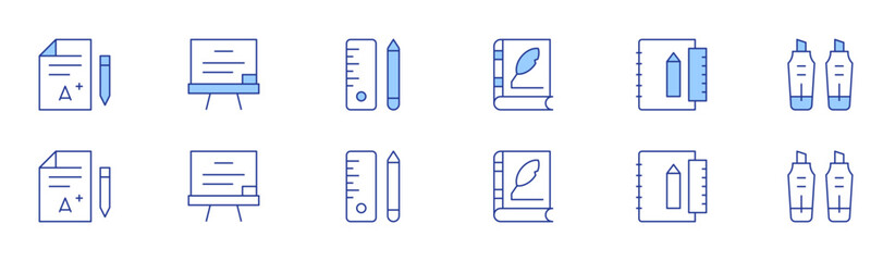 School icon set in two styles, Duotone and Thin Line style. Editable stroke. grade, school material, stationery, blackboard, classic, marker