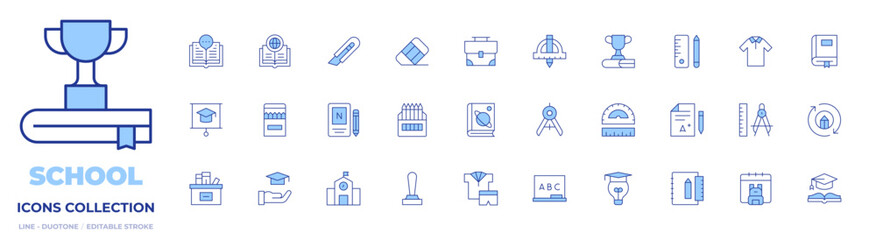School icons collection. Line Duotone style, editable stroke. grade, school material, stationery, uniform, back to school, compass, education, textbook, award