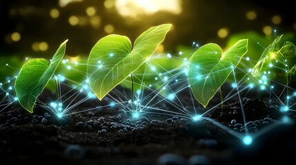 Poster - A surreal yet depiction of a vast soybean plantation stretching toward the horizon interwoven with softly glowing data points representing cutting edge precision farming technology