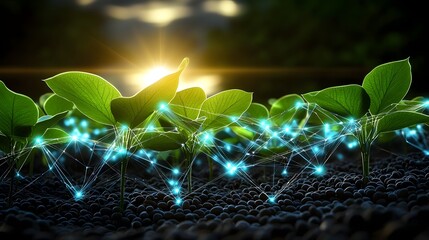 Fototapete - A surreal yet depiction of a vast soybean plantation stretching toward the horizon interwoven with softly glowing data points representing the of precision farming technology for a sustainable