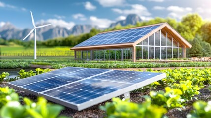 Aufkleber - Eco Friendly Rooftop Garden with Solar Panels and Wind Turbines Promoting Sustainable Urban Living and Harmony Between Nature and Technology for a Greener Future
