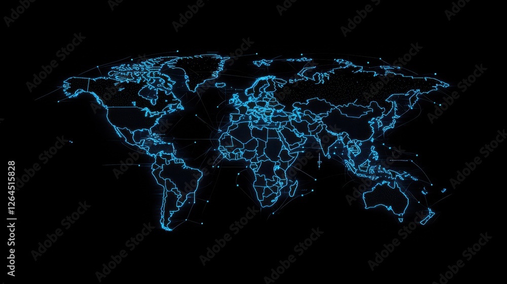 world map blue dots squares pixel art style neon on black background ...