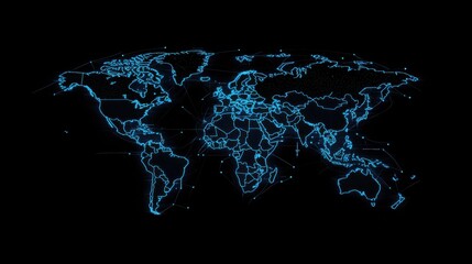 Wall Mural - world map blue dots squares pixel art style neon on black background tech technology global globe in