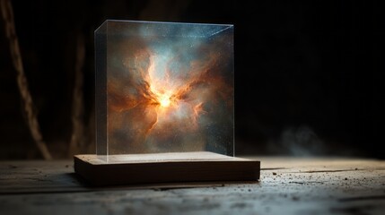 a glass box containing an explosion of light and nebula, placed on top of a wooden pedestal with a s