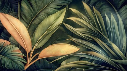 Aufkleber - Vibrant and lush tropical jungle leaves with delicate dewdrops creating a refreshing botanical background with a mix of exotic plants and soft glowing highlights